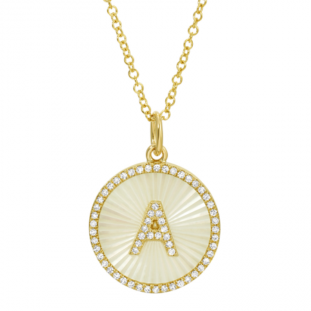 Fluted Mother of Pearl & Diamond Initial Disc Necklace