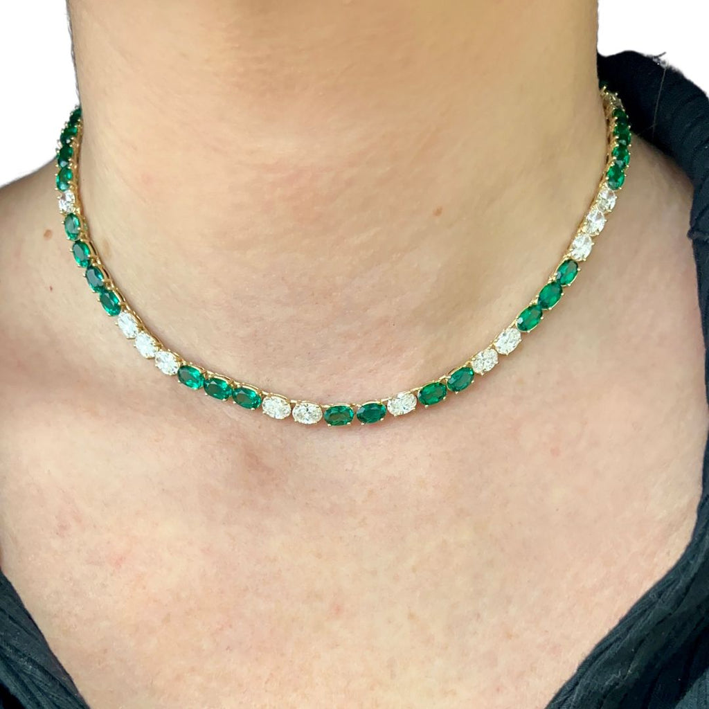 Lab-Grown Oval Cut Emeralds & Diamond Tennis Necklace