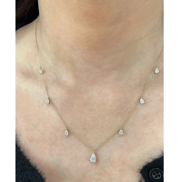 Lab-Grown Pear Dangle Diamond Necklace on neck