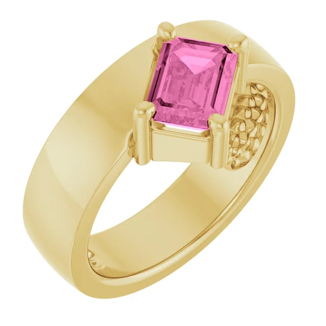 Lab-Grown Emerald-Cut Offset Pink Sapphire Cigar Ring