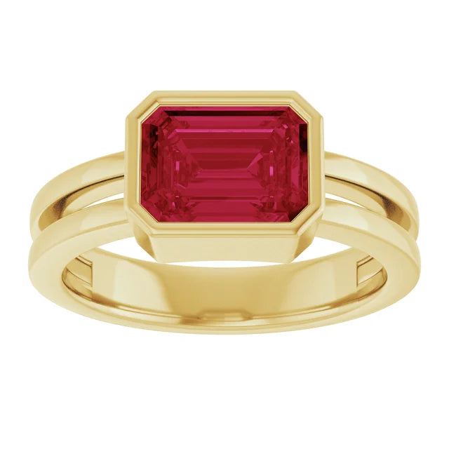 Lab-Grown Emerald-Cut Bezel Ruby Double Shank Ring