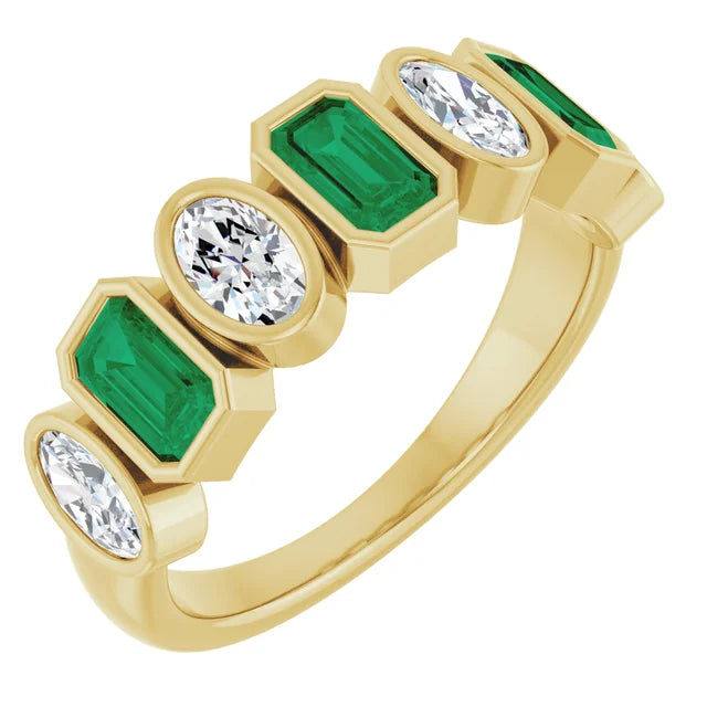 Lab-Grown Bezel Oval Diamond and Emerald Band