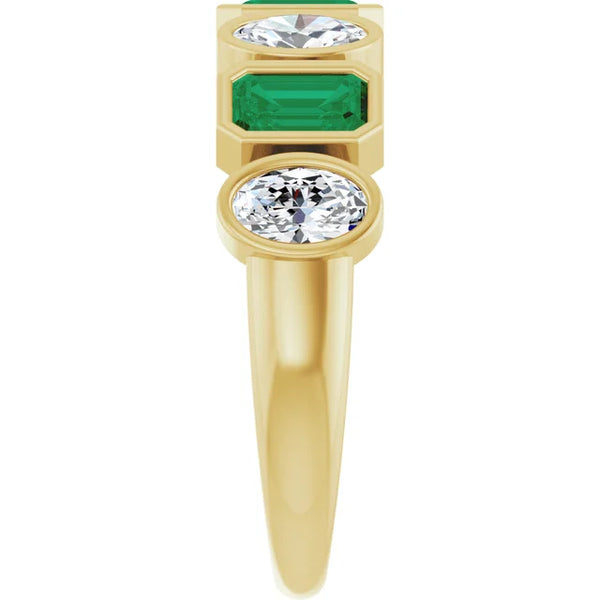 Lab-Grown Bezel Oval Diamond and Emerald Band