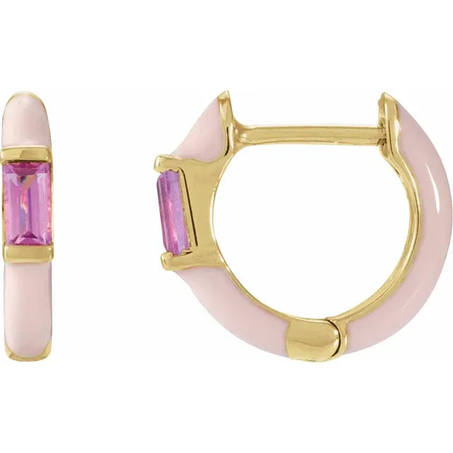 Pink Tourmaline & Pink Enamel Huggies