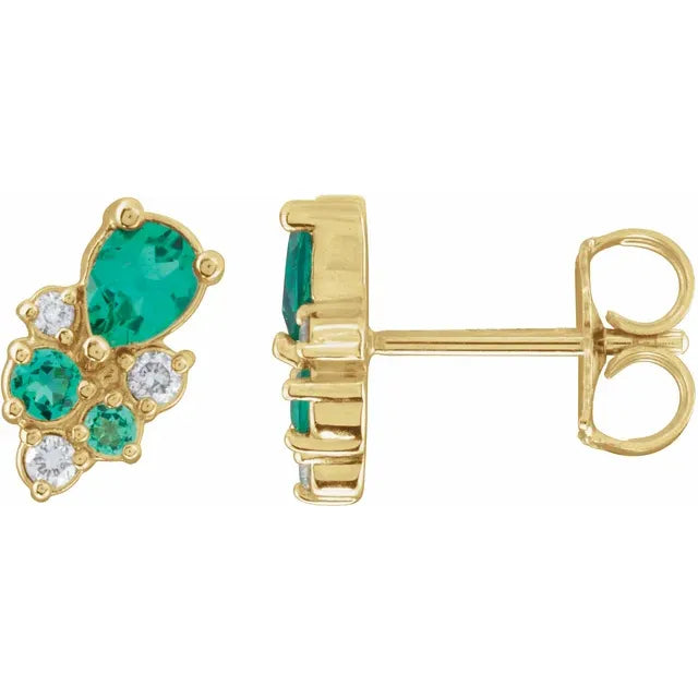 Lab-Grown Emerald &amp; Diamond Cluster Stud Earrings