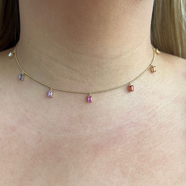 Rainbow Sapphire Dangle Emerald Cut Bead Chain Necklace