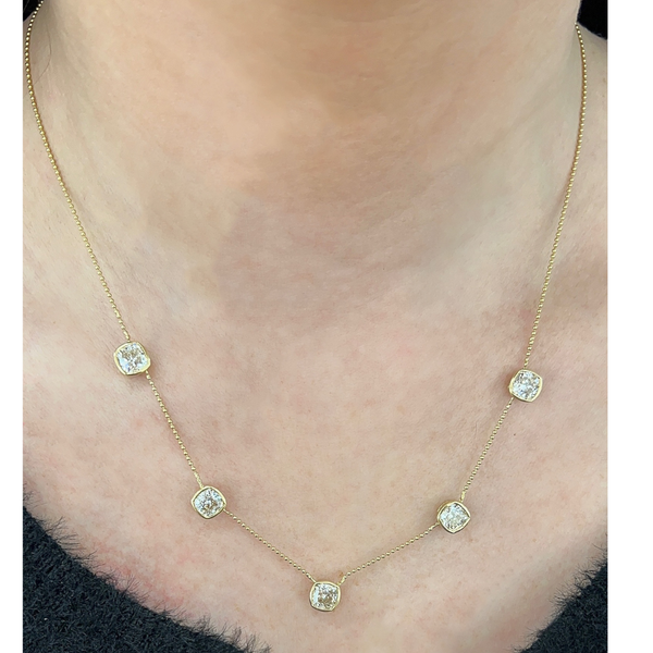 Lab-Grown Station Bezel Old Mine Cushion Bead Chain Necklace on neck