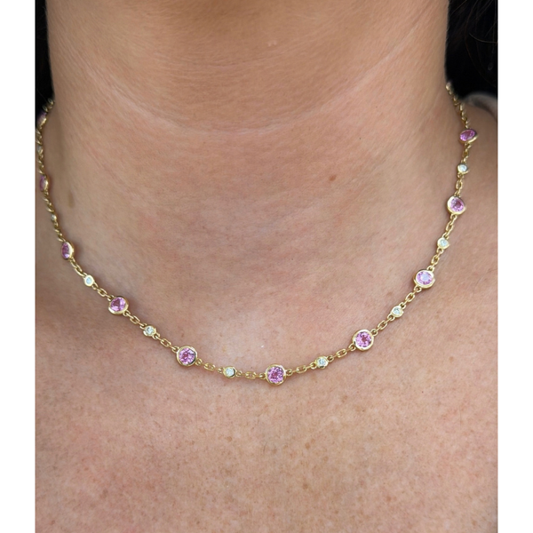 Lab-Grown Pink Sapphire & Diamond Bezel Station Necklace