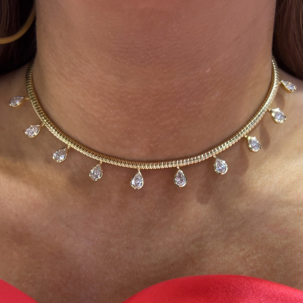 Lab-Grown Bezel Pear Dangle Choker Necklace on neck