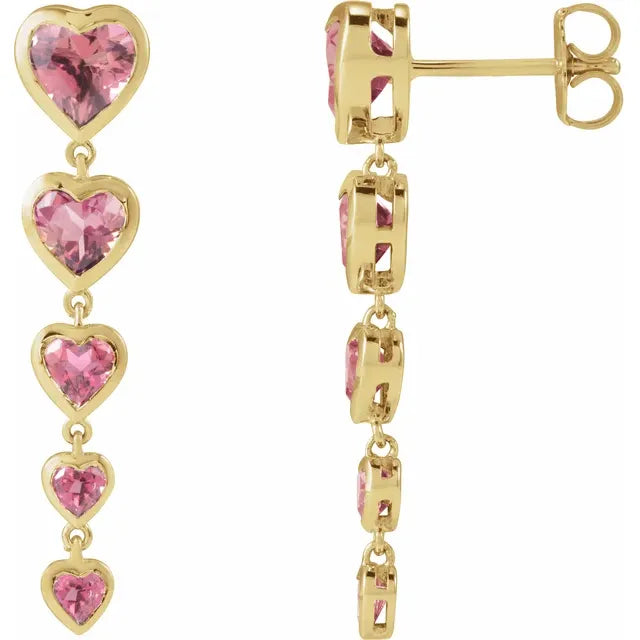 Pink Tourmaline Bezel Heart Dangle Earrings