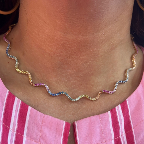 Rainbow Sapphire Wavy Choker Necklace on neck