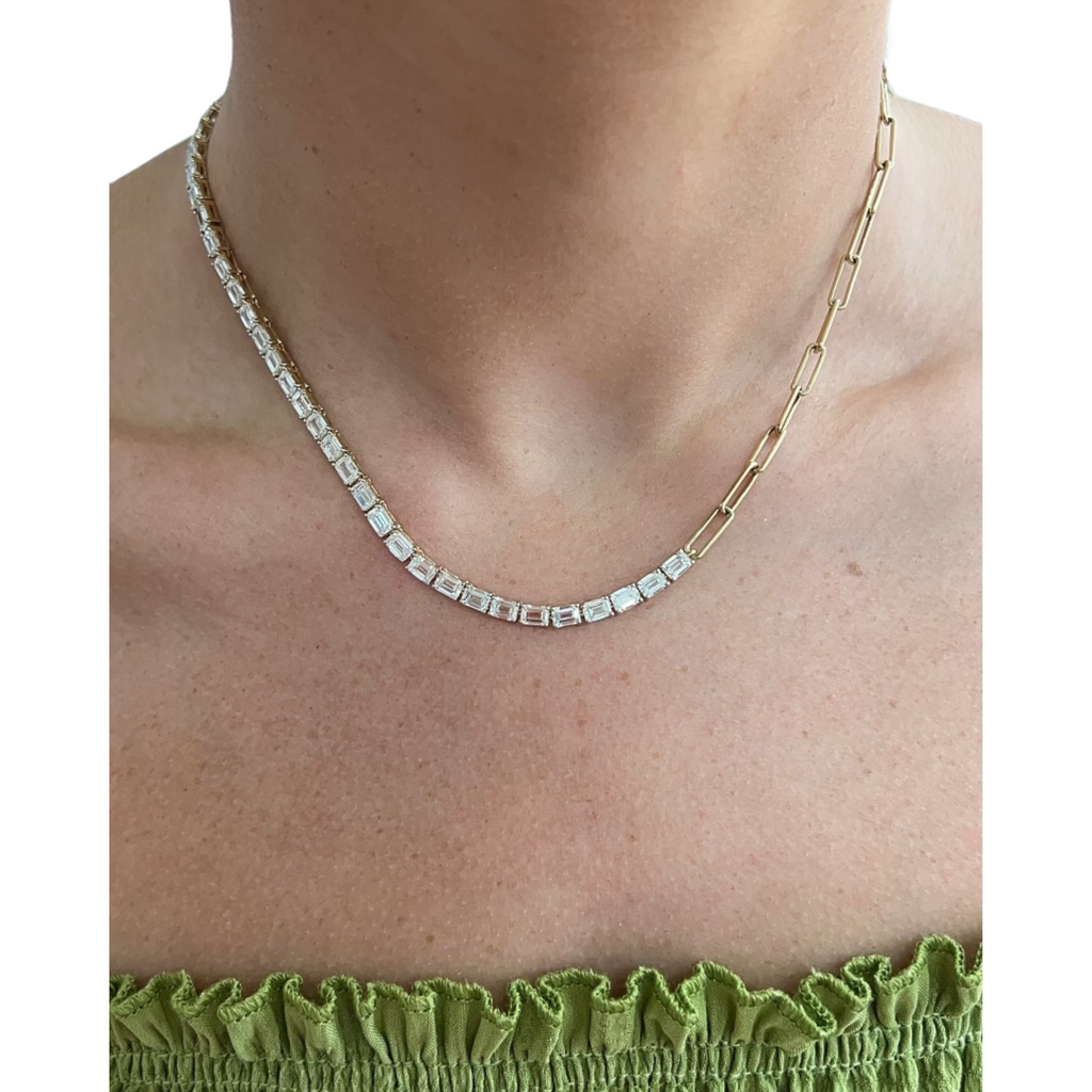 Half Paperclip Half Lab-Grown Emerald Tennis Necklace