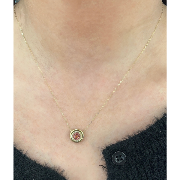 Pink Tourmaline Diamond Halo Station Set Pendant Necklace on neck