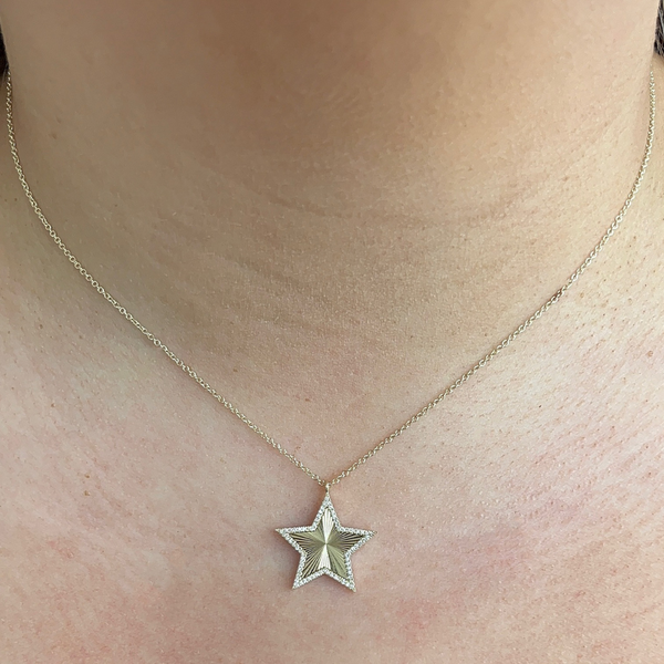 Fluted Gold & Diamond Star Pendant Necklace on neck
