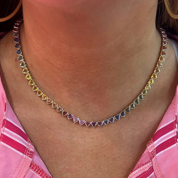 Bezel Heart Rainbow Sapphire Tennis Necklace