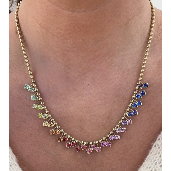 Lab-Grown Rainbow Sapphire Double Heart Bead Chain Necklace