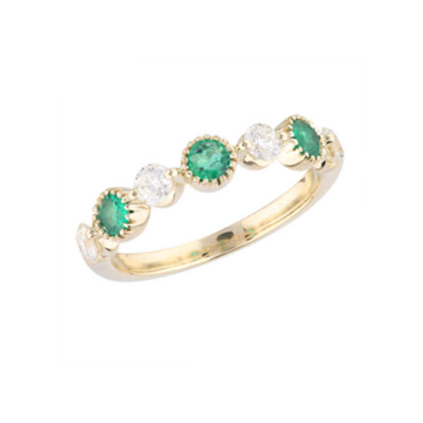 Alternating Milgrain Bezel Emerald & Diamond Bubble Band