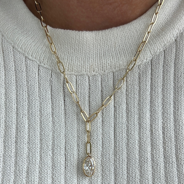 Lab-Grown Bezel Oval Lariat Paperclip Necklace