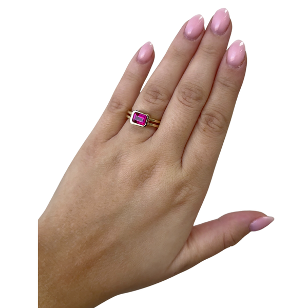 Lab-Grown Emerald-Cut Bezel Ruby Double Shank Ring