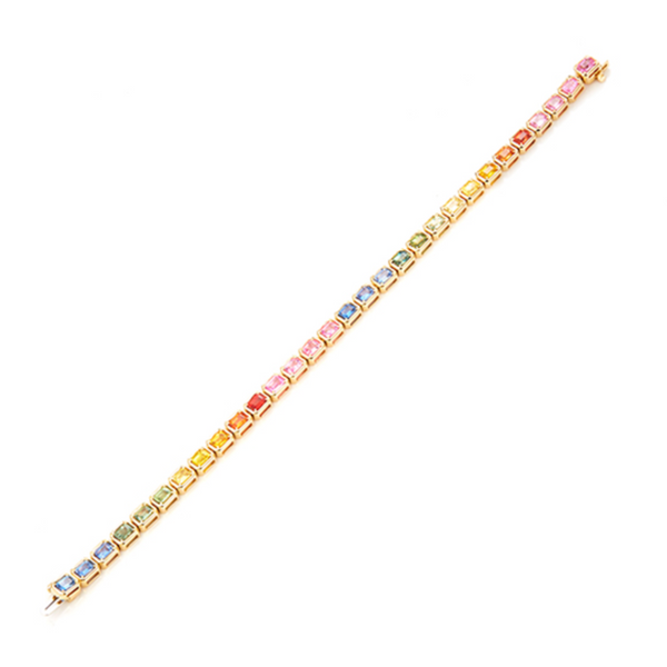 Bezel E/W Emerald Cut Rainbow Sapphire Tennis Bracelet