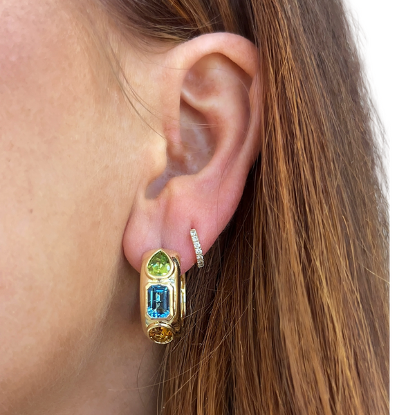 Multi Gemstone Bezel Chunky Hoops in ear
