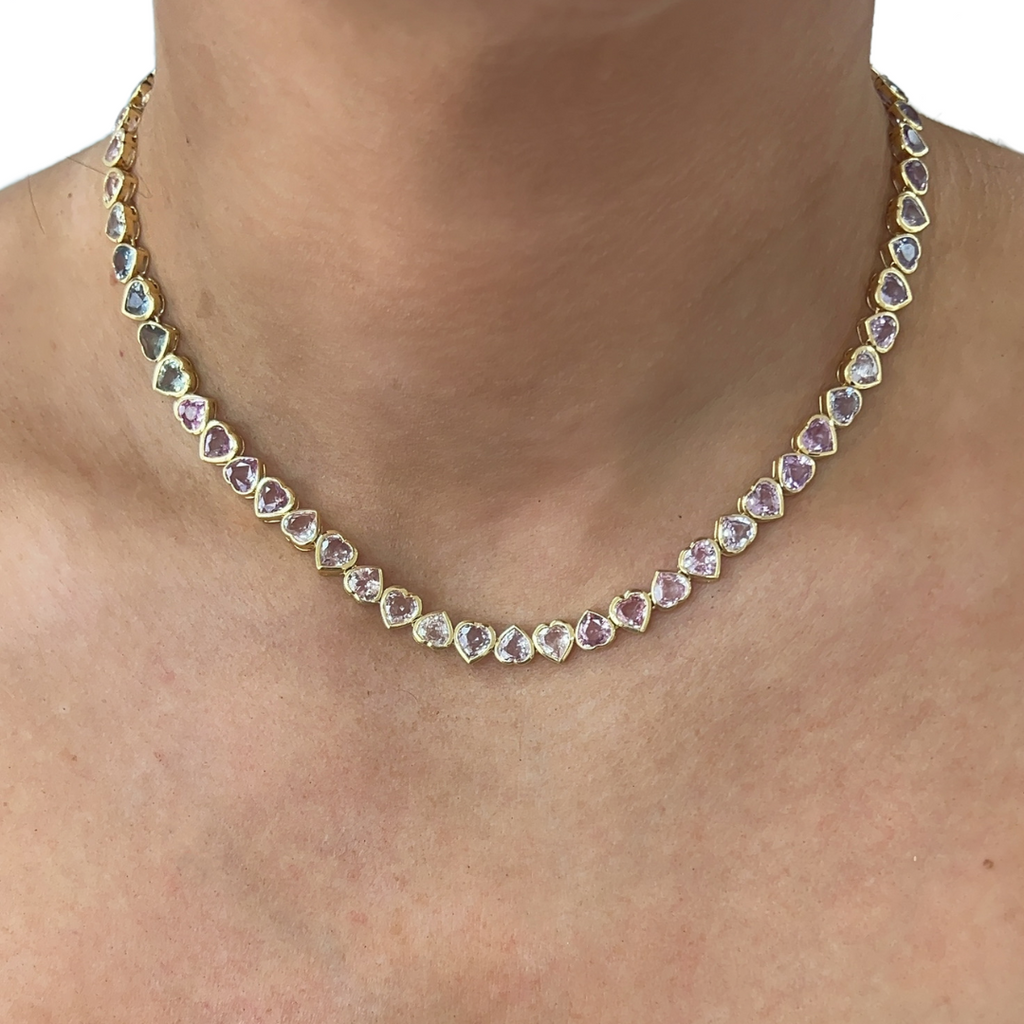 Multi-Color Sapphire Bezel Heart Tennis Necklace