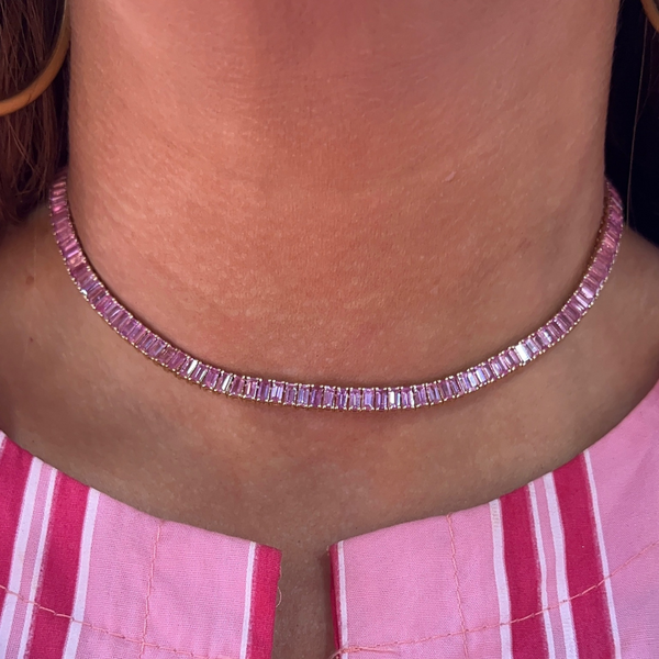 Halfway Pink Sapphire Baguette Tennis Necklace
