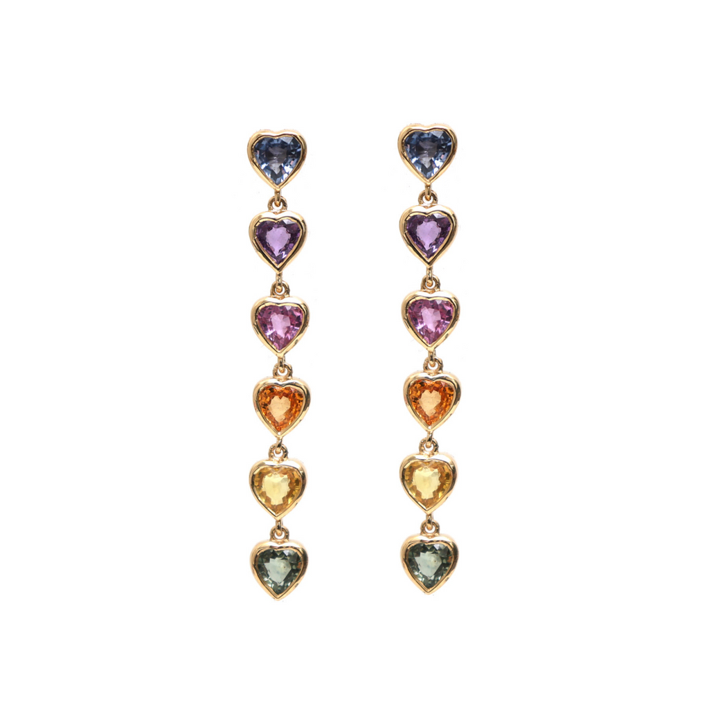 Rainbow Sapphire Bezel Heart Dangle Earrings
