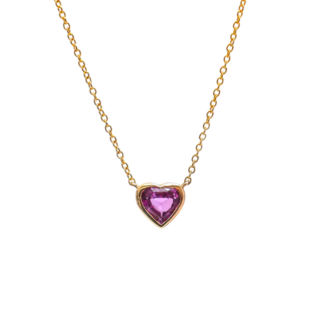 Pink Sapphire Bezel Heart Pendant Necklace