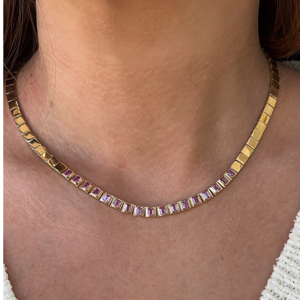 Halfway Pink Sapphire Bezel Chain Necklace on neck