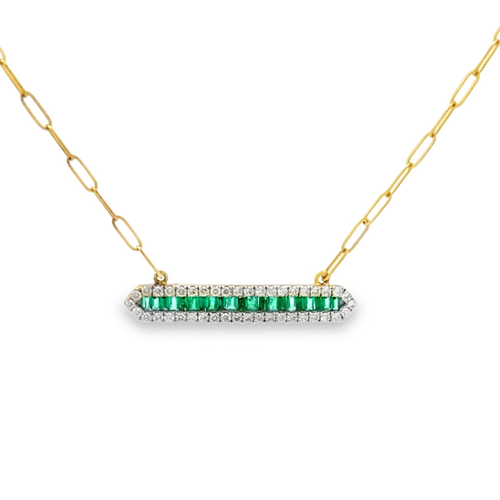 Paperclip Chain Emerald Baguette Halo Bar Necklace