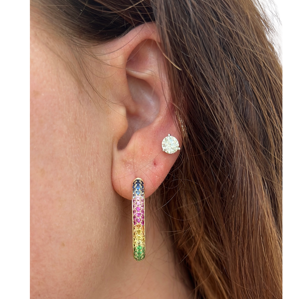 Pave Rainbow Sapphire Rectangular Hoops