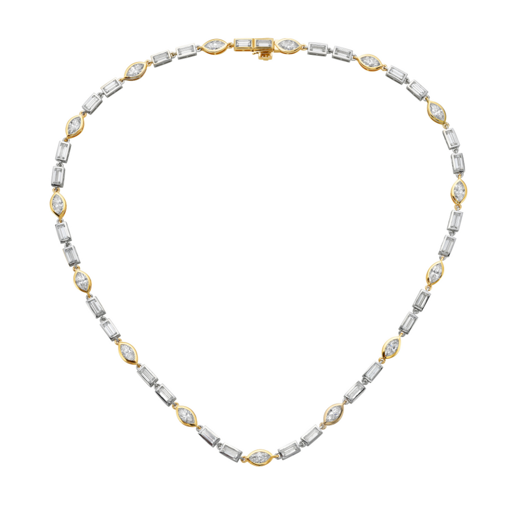Lab-Grown E/W Two Tone Bezel Multi-Shape Tennis Necklace