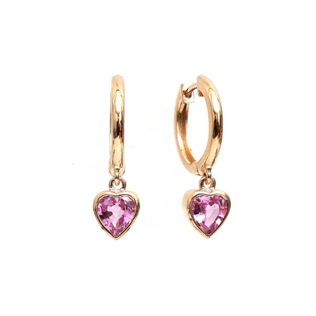 Pink Sapphire Bezel Heart Dangle Huggies