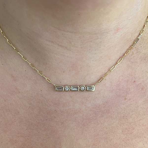 Bezel Baguette & Round Paperclip Necklace