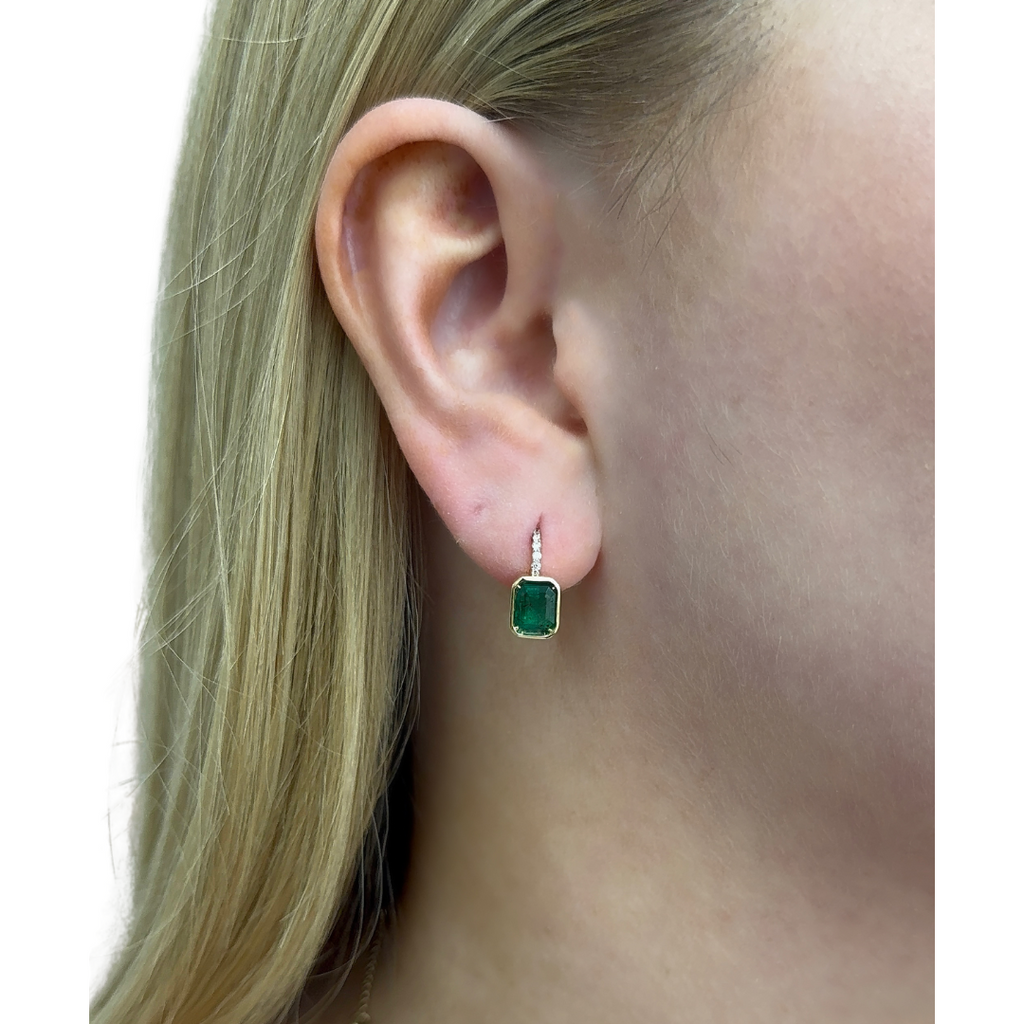 Bezel Emerald & Diamond Dangle Earrings