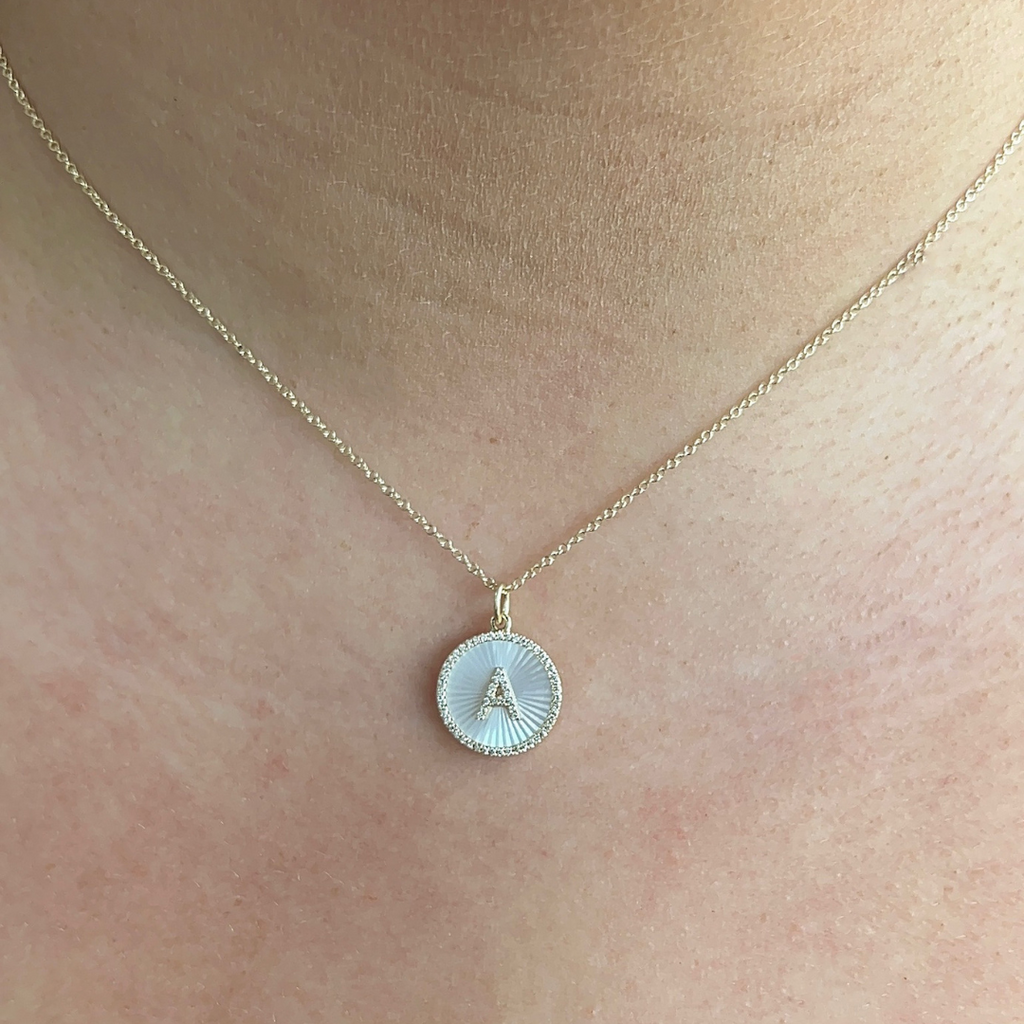 Fluted Mother of Pearl & Diamond Initial Disc Necklace