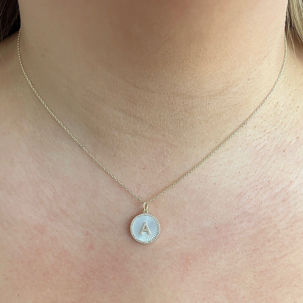 Fluted Mother of Pearl & Diamond Initial Disc Necklace