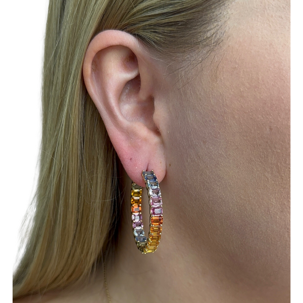 Emerald-Cut Rainbow Sapphire Hoops