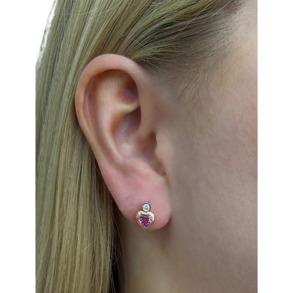 Two Tone Bezel Diamond & Pink Sapphire Heart Studs