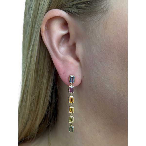 Bezel Rainbow Sapphire Dangle Earrings