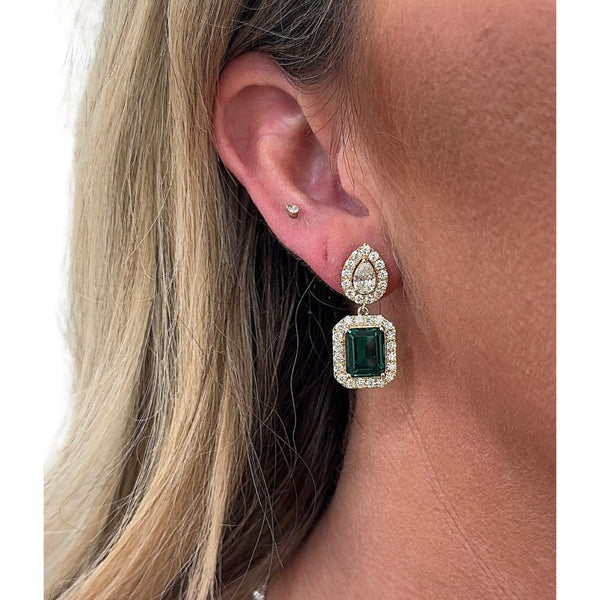 Lab-Grown Emerald & Pear Halo Gemstone Dangles