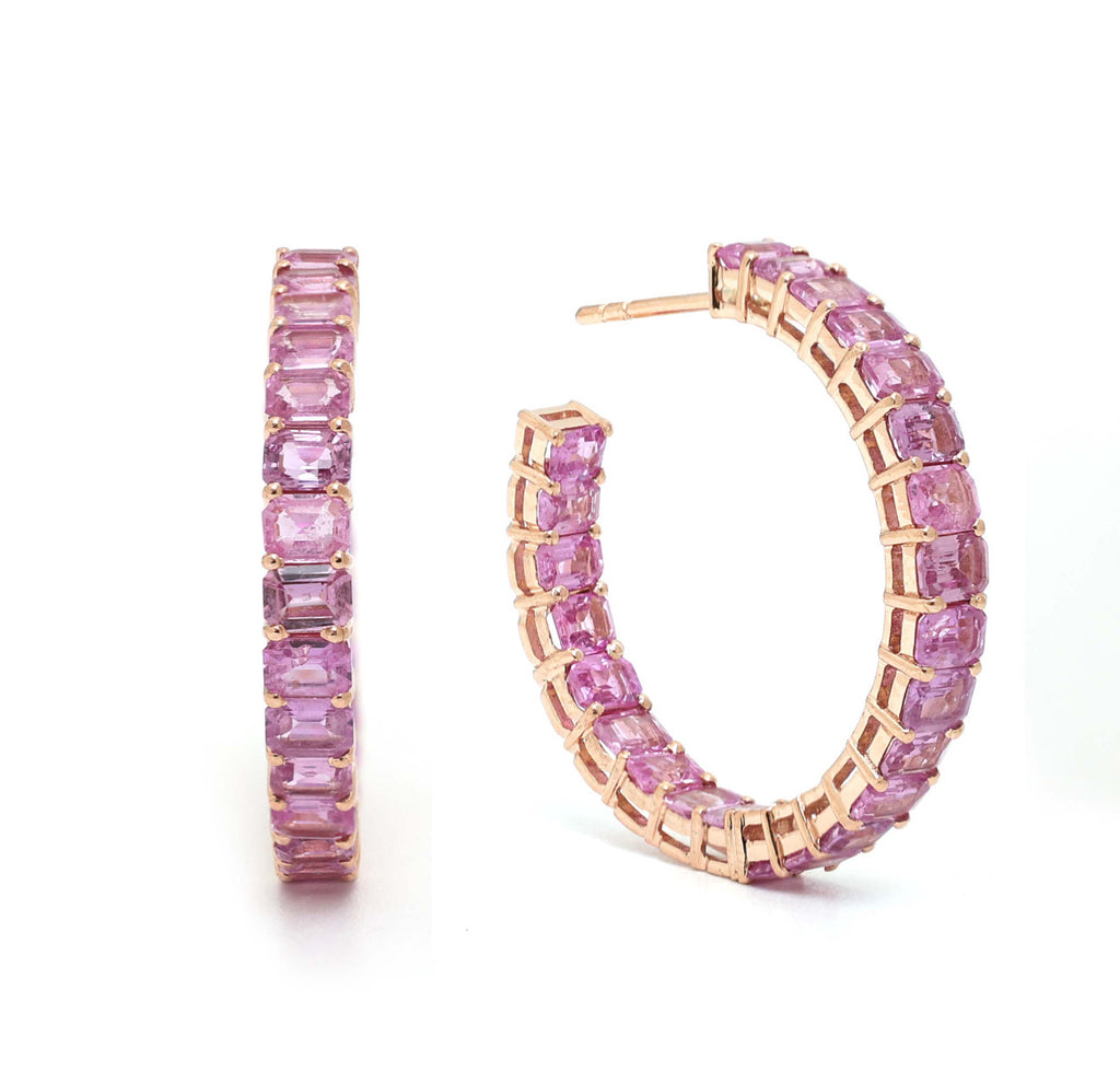 Emerald-Cut Pink Sapphire Hoops
