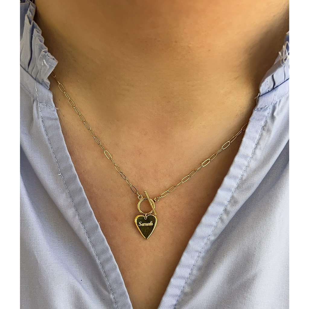Engraved Heart Toggle Paperclip Necklace