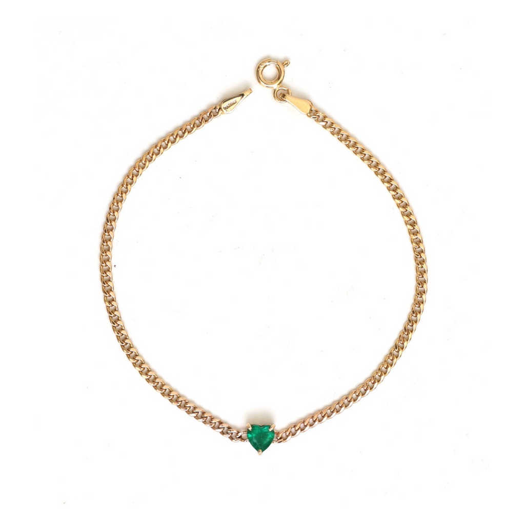 Emerald Heart Pendant Cuban Chain Bracelet