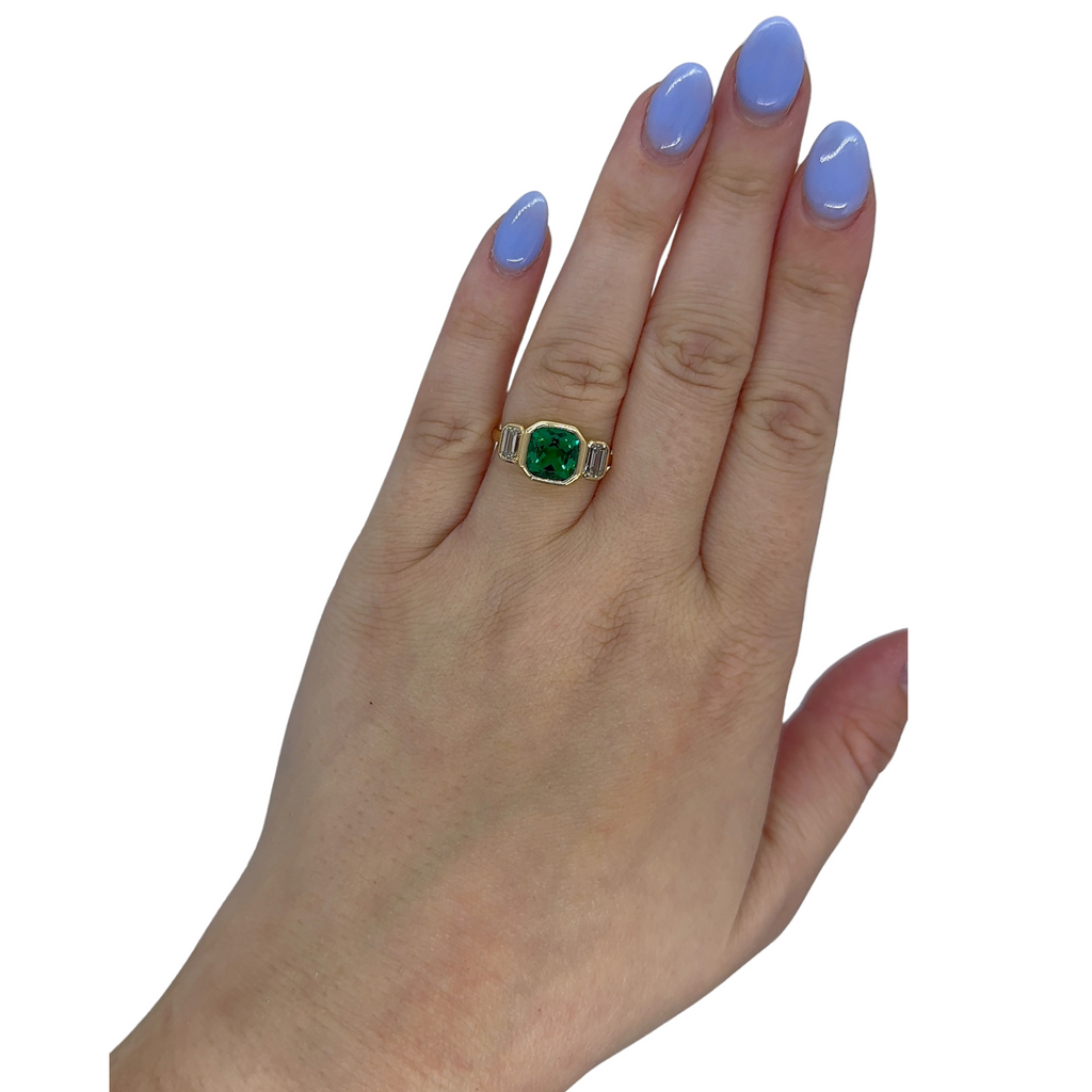 Lab-Grown Bezel Emerald 3 Stone Ring