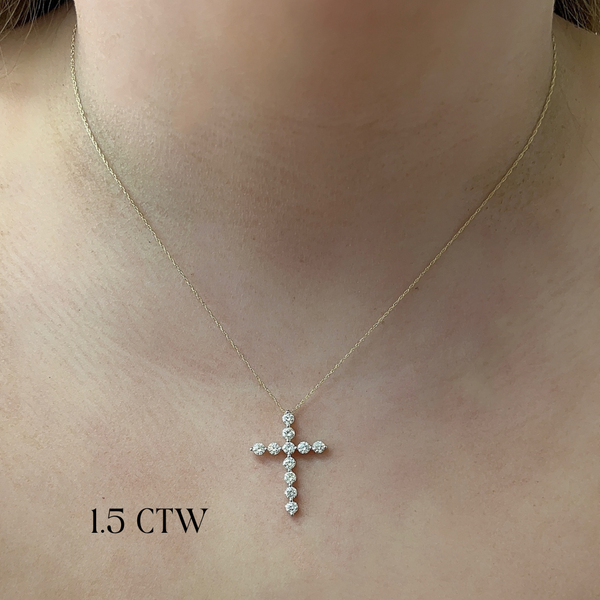 Lab-Grown Bubble Diamond Cross Necklace on neck
