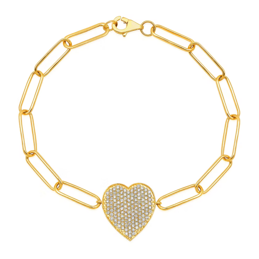 Pave Heart Paperclip Chain Bracelet