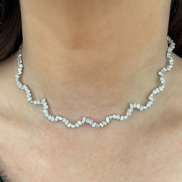 Lab-Grown Wavy Multi-Shape Adjustable Tennis Necklace on neck