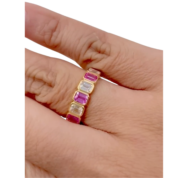 Emerald Cut Diamond & Pink Sapphire Bezel Band